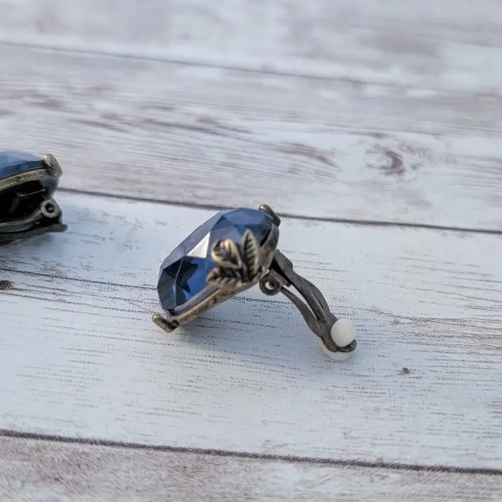 Vintage Clip On Earrings Large Blue Gem with Leaf Detail